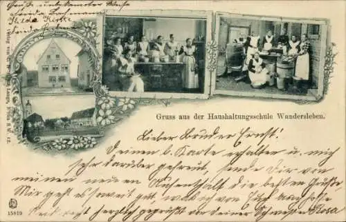 Ak Wandersleben Drei Gleichen Thüringen, Drei Bilder, Haushaltungsschule, Frauen in Tracht am Koc