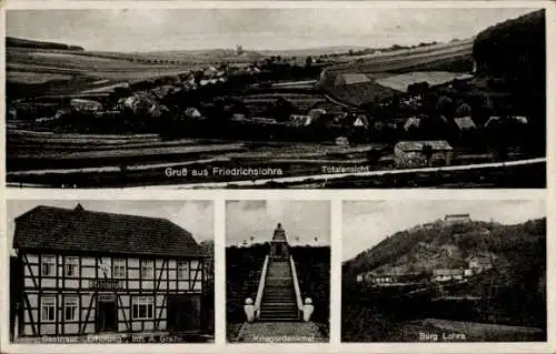 Ak Friedrichslohra Großlohra Thüringen, Panorama, Gasthof Erholung, Burg Lohra, Kriegerdenkmal