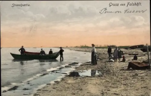 Ak Falshöft Nieby an der Ostsee, Strandpartie, Gruss aus  Personen am Wasser mit Boot