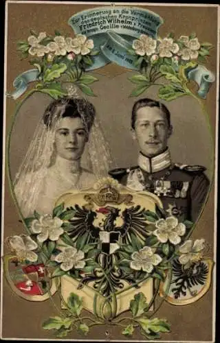 Präge Wappen Ak Kronprinz Wilhelm von Preußen, Kronprinzessin Cecilie, Hochzeit