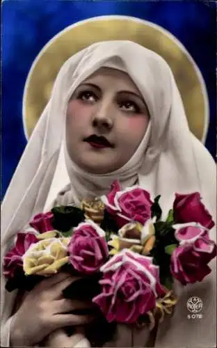 Ak Porträt einer jungen Frau, Nonne, Blumenstrauß