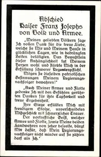 Ak Abschied Kaiser Franz Josephs von Volk und Armee