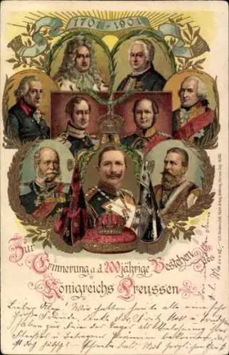 Präge Litho 200 Jahre Königreich Preußen 1701-1901, Kaiser Wilhelm II, König Friedrich II