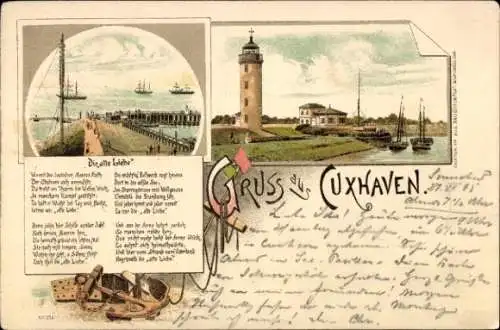 Vorläufer Litho Nordseebad Cuxhaven, Gesamtansicht, Leuchtturm, Gedicht Alte Liebe