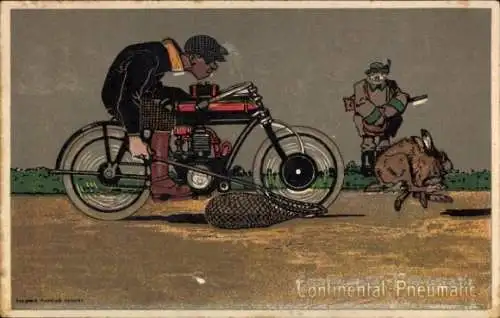 Ak Werbung, Continental Pneumatic, Mann fährt Motorrad, Jäger, Fliehender Hase