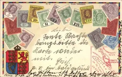 Briefmarken Wappen Litho Straits Settlements, Malakka, Malaysia, Singapur, Sumatra