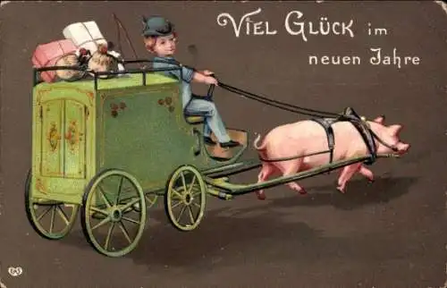 Präge Ak Glückwunsch Neujahr, Schwein zieht Kutsche
