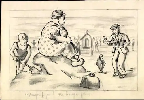 Ak Strand, dicke Frau, Mann mit Fotoapparat