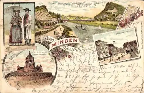 Litho Porta Westfalica an der Weser, Denkmal Kaiser Wilhelm der Große, Panorama, Marktplatz