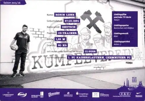 Autogrammkarte Co Trainer Robin Lenk, FC Erzgebirge Aue, Autogramm