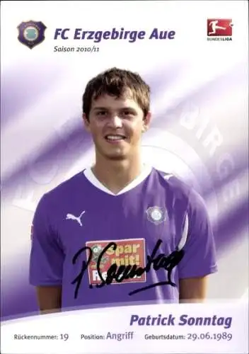 Autogrammkarte Fußballer Patrick Sonntag, FC Erzgebirge Aue, Autogramm