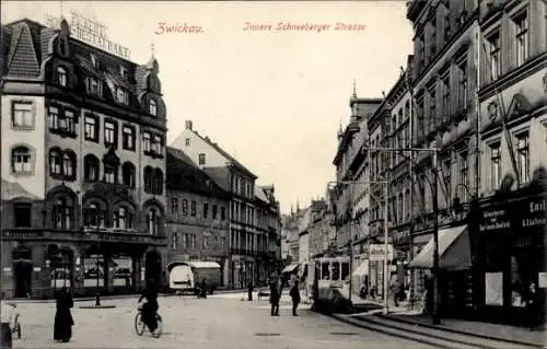 Ak Zwickau in Sachsen, Innere Schneeberger Straße, Geschäfte, Straßenbahn