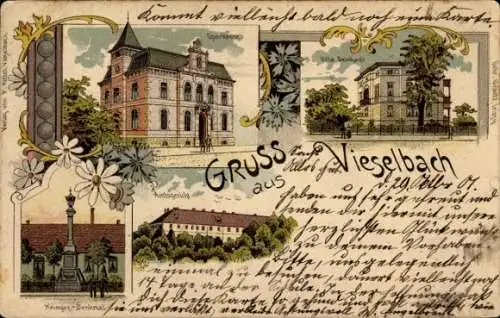 Litho Vieselbach Erfurt in Thüringen, Sparkasse, Villa Reinhardt, Kriegerdenkmal, Amtsgericht