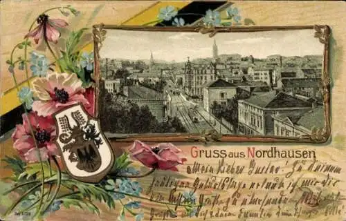 Präge Wappen Passepartout Litho Nordhausen am Harz Thüringen, Panorama