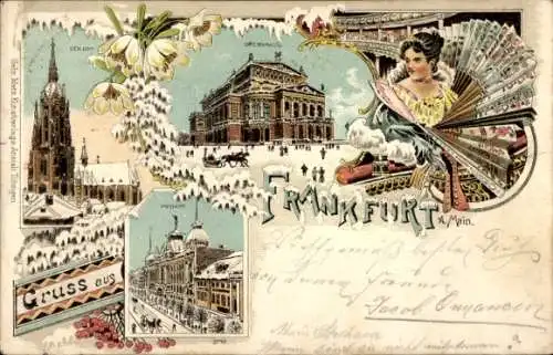 Winter Litho Frankfurt am Main, Dom, Opernhaus, Postamt, Dame mit Fächer