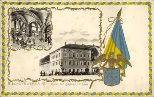 Präge Wappen Passepartout Ak Bischofswerda in Sachsen, Hotel zur goldenen Sonne