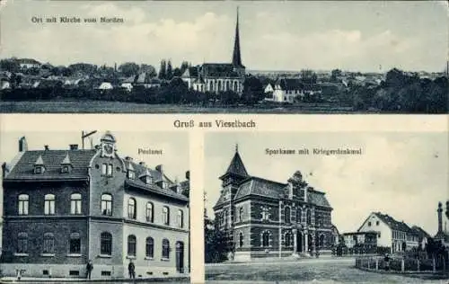 Ak Vieselbach Erfurt in Thüringen, Gesamtansicht, Kirche, Post, Sparkasse mit Kriegerdenkmal
