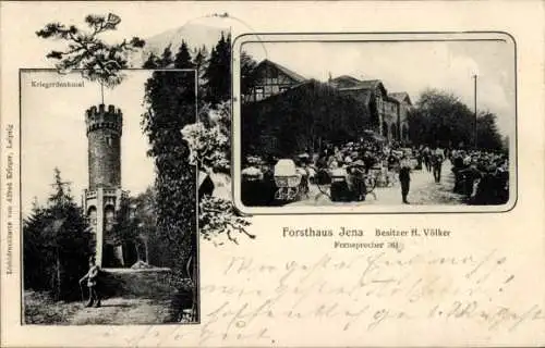 Ak Jena in Thüringen, Forsthaus Jena, Inh. H. Völker,  Terrasse, Kriegerdenkmal