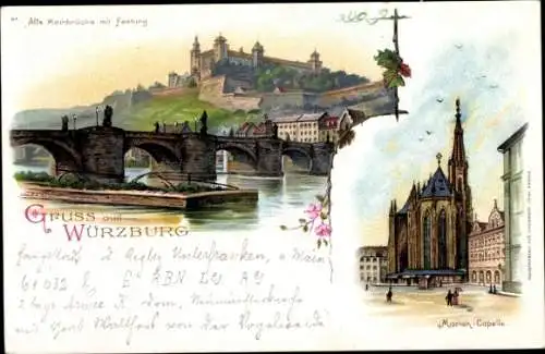 Litho Würzburg Unterfranken, Mainbrücke mit Festung, Marienkapelle, 16. Allgem. bayr. Handwerkertag