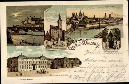 Litho Würzburg, Rathaus, Residenzschloss, Panorama, Julius Monument, Festung