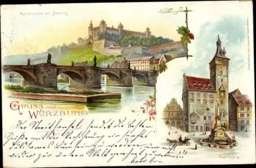 Litho Würzburg am Main Unterfranken, Mainbrücke, Festung, Rathaus