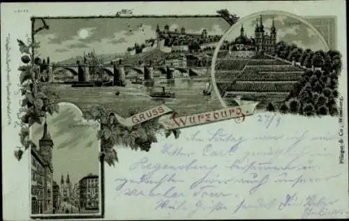 Mondschein Litho Würzburg am Main Unterfranken, Gesamtansicht, Domstraße
