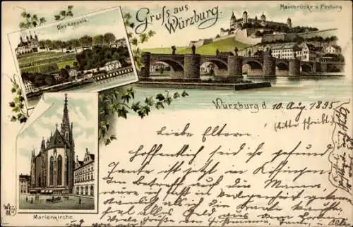 Vorläufer Litho Würzburg am Main Unterfranken, Mainbrücke, Festung, Marienkirche