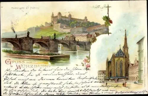 Litho Würzburg Unterfranken, Mainbrücke mit Festung, Marienkapelle