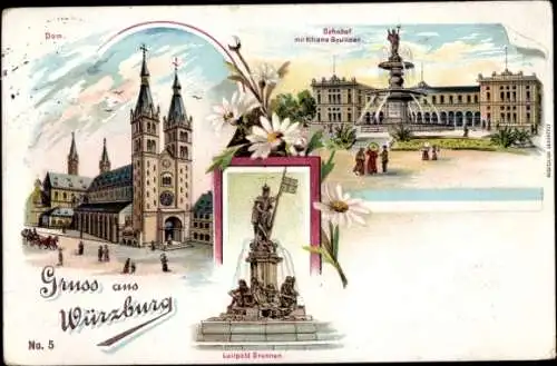 Litho Würzburg am Main Unterfranken, Luitpold-Brunnen, Bahnhof, Dom
