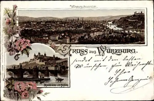 Litho Würzburg am Main Unterfranken, Gesamtansicht, Mainbrücke, Festung