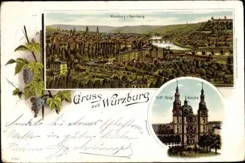Litho Würzburg am Main Unterfranken, Gesamtansicht, Steinberg, Kirche