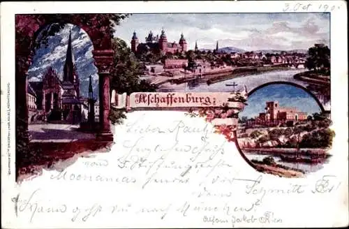 Litho Aschaffenburg in Unterfranken Bayern, Kirche, Gesamtansicht