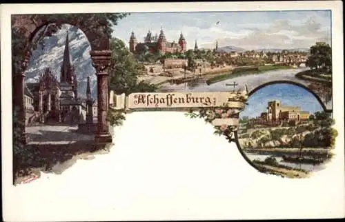 Litho Aschaffenburg in Unterfranken Bayern, Kirche, Gesamtansicht