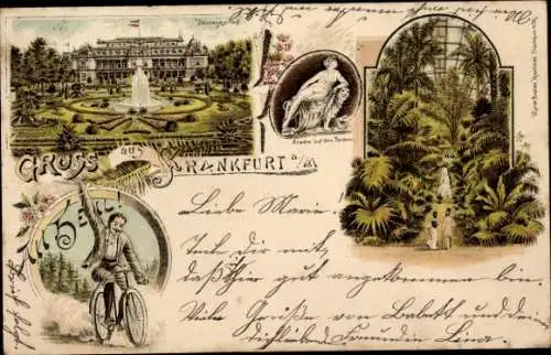 Litho Frankfurt am Main, Palmengarten, Radfahrer, Ariadne auf dem Panther