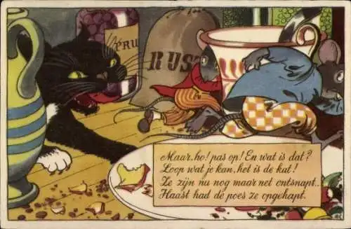 Künstler Ak Muizenserie, schwarze Katze, Mäuse