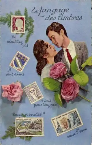 Ak Briefmarkensprache, Liebespaar