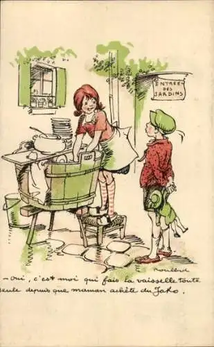 Künstler Ak Gespräch zweier Kinder, Mädchen spült ab, Puppe