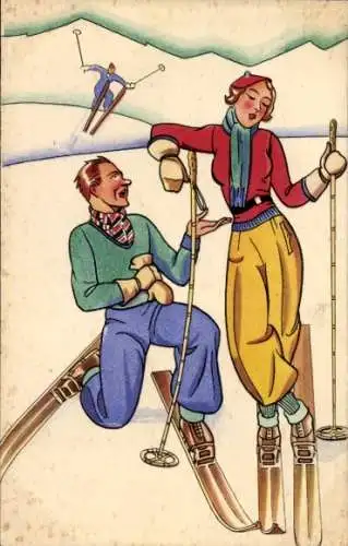 Ak Skifahrt, junge Frau, Mann, Flirt