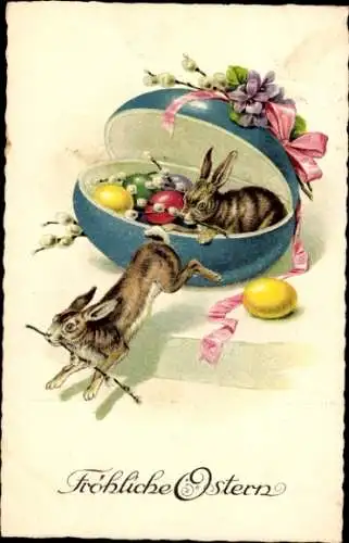 Ak Frohe Ostern, Osterhasen, Ostereier, Weidenkätzchen