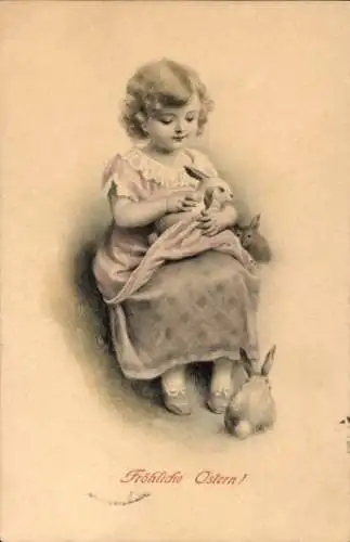 Künstler Ak Frohe Ostern, Mädchen mit Hasen