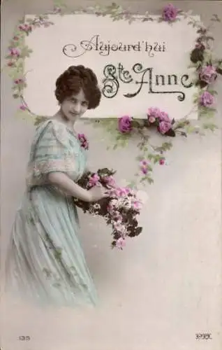 Ak Frohes Neujahr, Frau mit Blumen