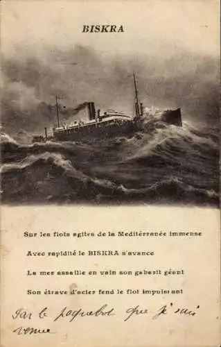 Ak französisches Passagierschiff Biskra, in schwerer See im Mittelmeer