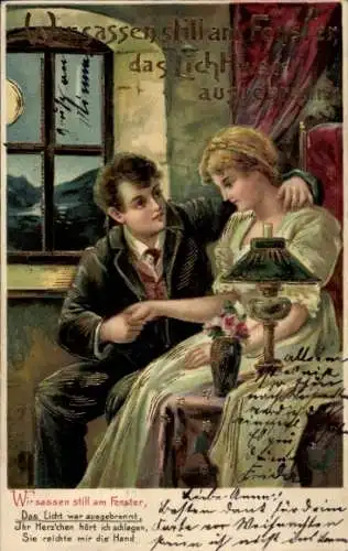 Präge Litho Liebespaar am Kamin