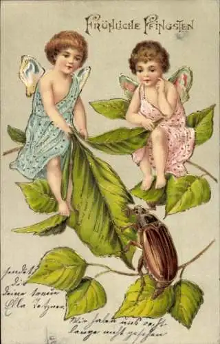 Litho Fröhliche Pfingsten, Feen, Maikäfer