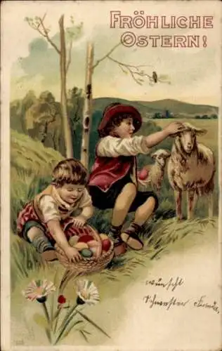 Litho Fröhliche Ostern, Kinder mit Osterkorb, Lämmer