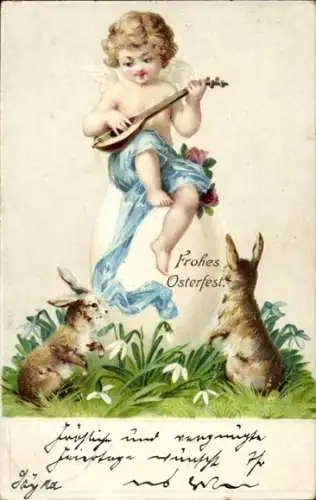 Litho Engel mit Osterhasen