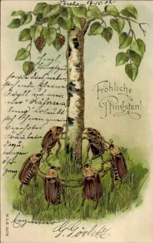 Glitzer Ak Fröhliche Pfingsten, tanzende Maikäfer