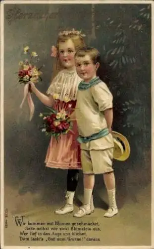 Ak Herzlichen Glückwunsch zum Geburtstag, Kinder, Blumenstrauss