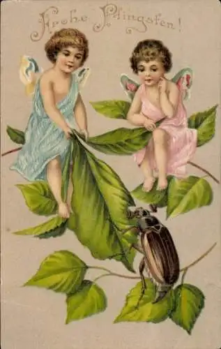 Litho Frohe Pfingsten, Elfen, Maikäfer