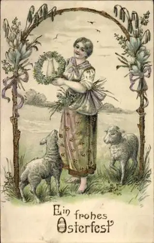 Glitzer Litho Ein frohes Osterfest, Frau mit Lämmern, Blumenkranz